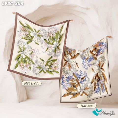 Khăn Lụa Vuông Đường Châu 88*88Cm 2 Mặt Cao Cấp Họa Tiết Hoa Lan Tây Màu Beige Diễm Lệ (LVDC304)