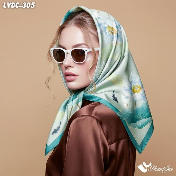 Khăn Lụa Vuông Đường Châu 88*88Cm 2 Mặt Cao Cấp Họa Tiết Hoa Sen Cá Lội Màu Xanh Ngọc Quý Phái (LVDC305)