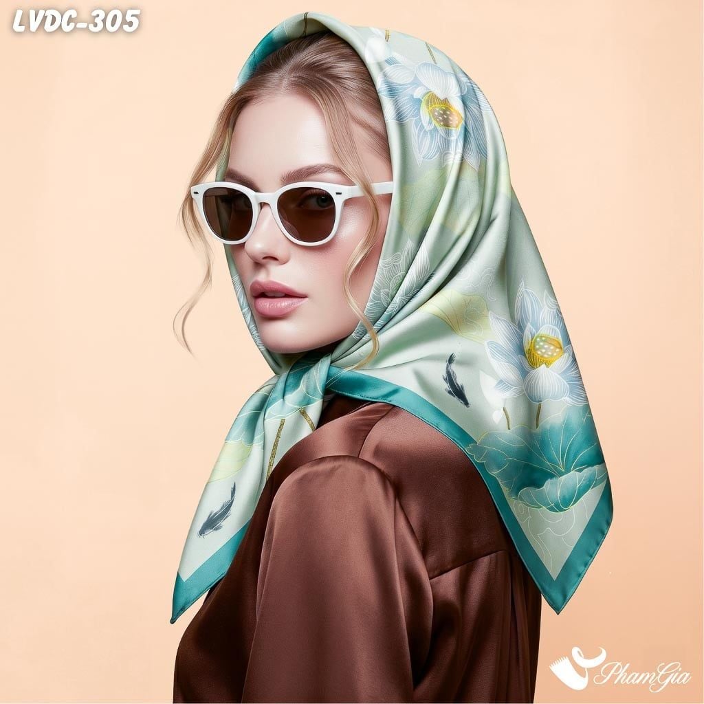 Khăn Lụa Vuông Đường Châu 88*88Cm 2 Mặt Cao Cấp Họa Tiết Hoa Sen Cá Lội Màu Xanh Ngọc Quý Phái (LVDC305)