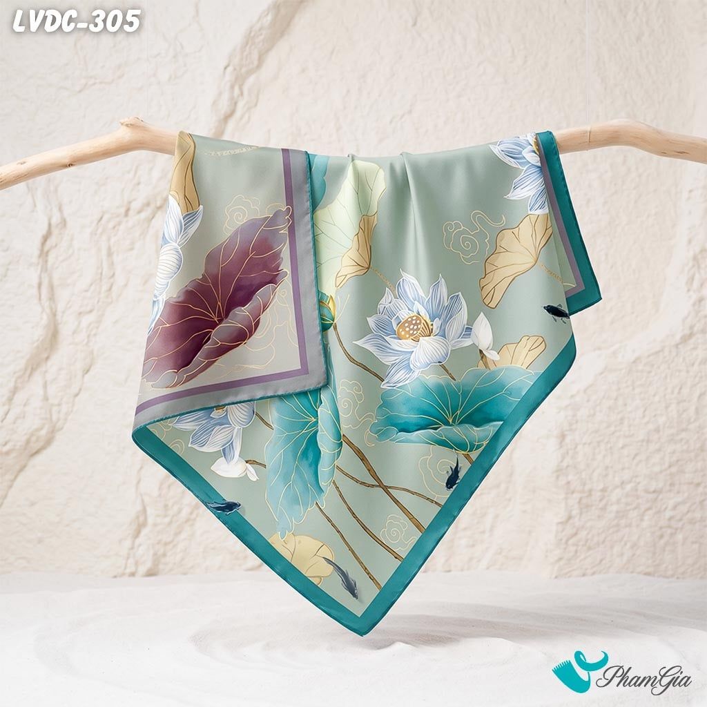 Khăn Lụa Vuông Đường Châu 88*88Cm 2 Mặt Cao Cấp Họa Tiết Hoa Sen Cá Lội Màu Xanh Ngọc Quý Phái (LVDC305)