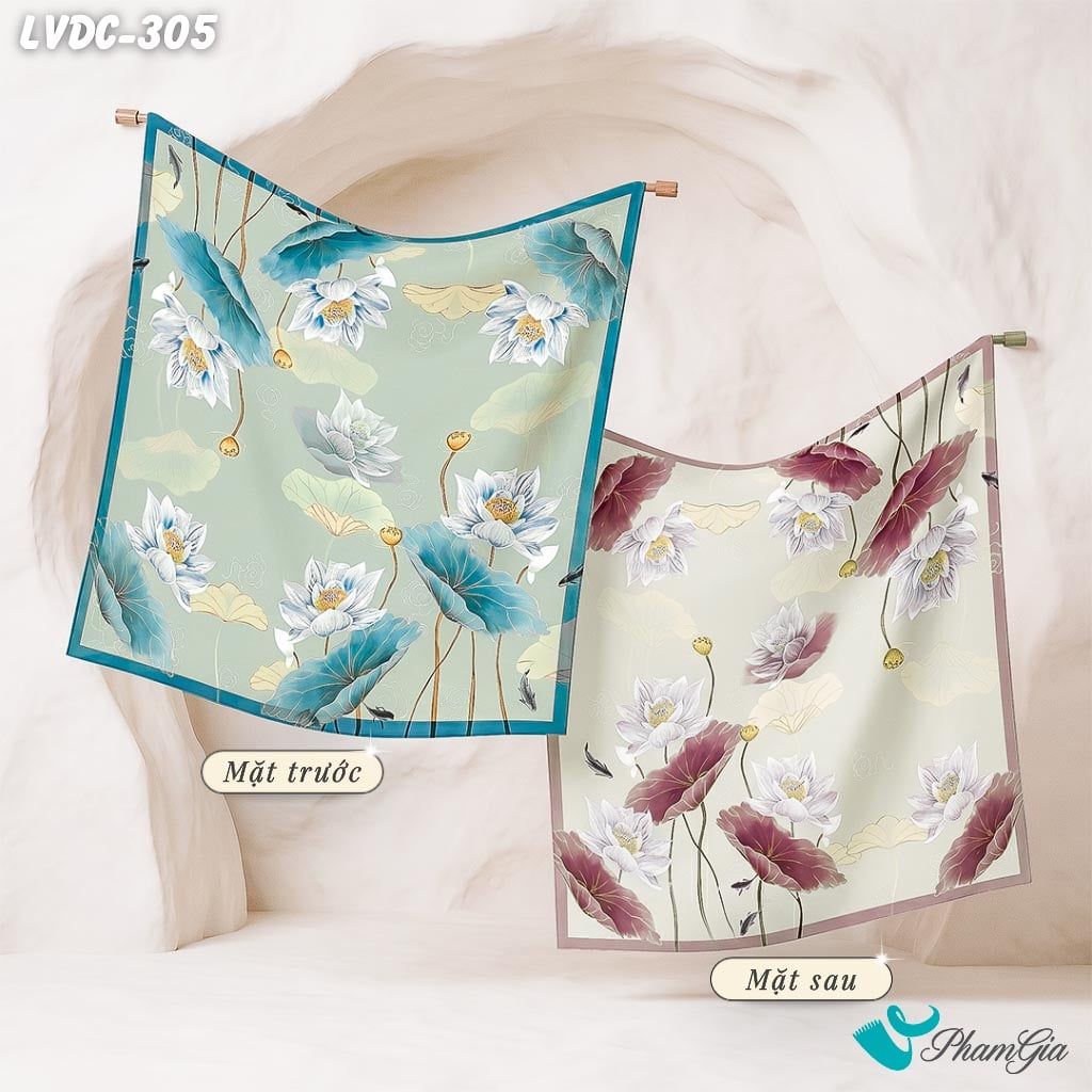 Khăn Lụa Vuông Đường Châu 88*88Cm 2 Mặt Cao Cấp Họa Tiết Hoa Sen Cá Lội Màu Xanh Ngọc Quý Phái (LVDC305)