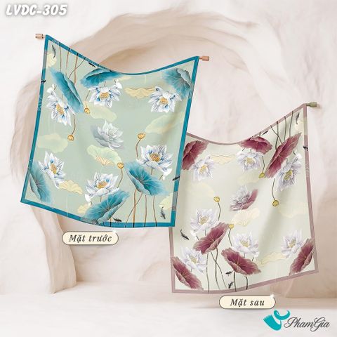 Khăn Lụa Vuông Đường Châu 88*88Cm 2 Mặt Cao Cấp Họa Tiết Hoa Sen Cá Lội Màu Xanh Ngọc Quý Phái (LVDC305)