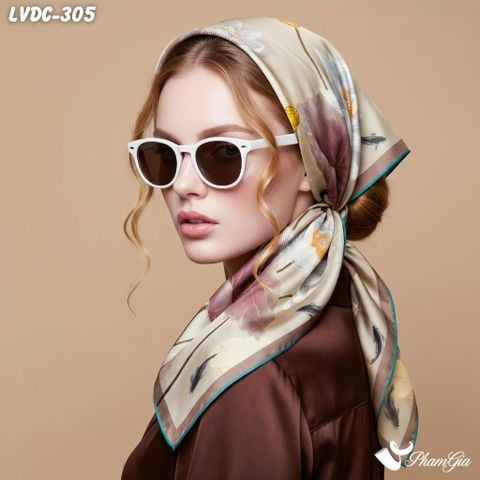 Khăn Lụa Vuông Đường Châu 88*88Cm 2 Mặt Cao Cấp Họa Tiết Hoa Sen Cá Lội Màu Xanh Ngọc Quý Phái (LVDC305)