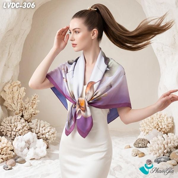 Khăn Lụa Vuông Đường Châu 88*88Cm 2 Mặt Cao Cấp Họa Tiết Hoa Mộc Lan Màu Tím Thạch Anh Tinh Tế (LVDC306)