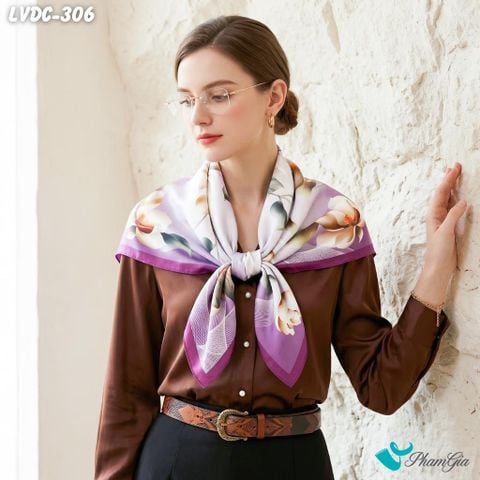 Khăn Lụa Vuông Đường Châu 88*88Cm 2 Mặt Cao Cấp Họa Tiết Hoa Mộc Lan Màu Tím Thạch Anh Tinh Tế (LVDC306)