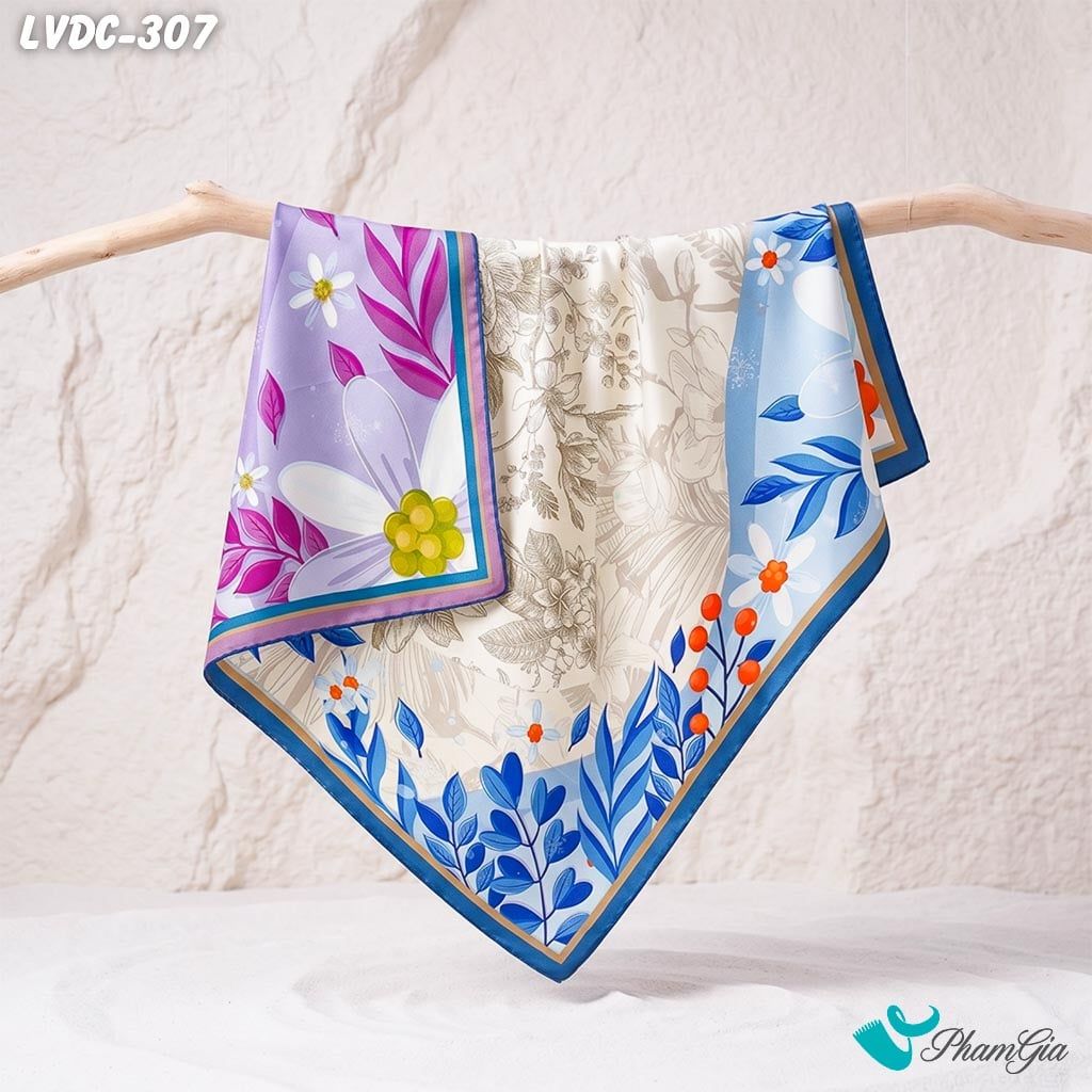 Khăn Lụa Vuông Đường Châu 88*88Cm 2 Mặt Cao Cấp Họa Tiết Hoa Lá Nguyệt Quế Màu Xanh Sapphire Sang Trọng (LVDC307)