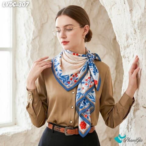 Khăn Lụa Vuông Đường Châu 88*88Cm 2 Mặt Cao Cấp Họa Tiết Hoa Lá Nguyệt Quế Màu Xanh Sapphire Sang Trọng (LVDC307)
