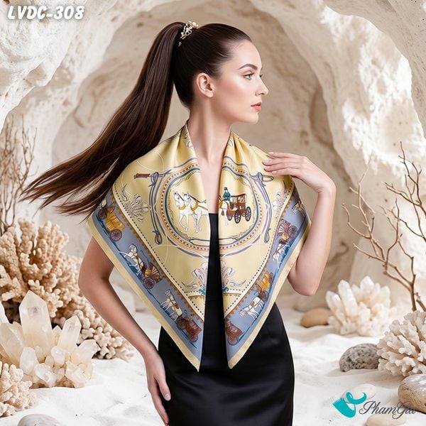 Khăn Lụa Vuông Đường Châu 88*88Cm 2 Mặt Cao Cấp Họa Tiết Cỗ Xe Ngựa Màu Vàng Hoàng Kim Sang Trọng (LVDC308)