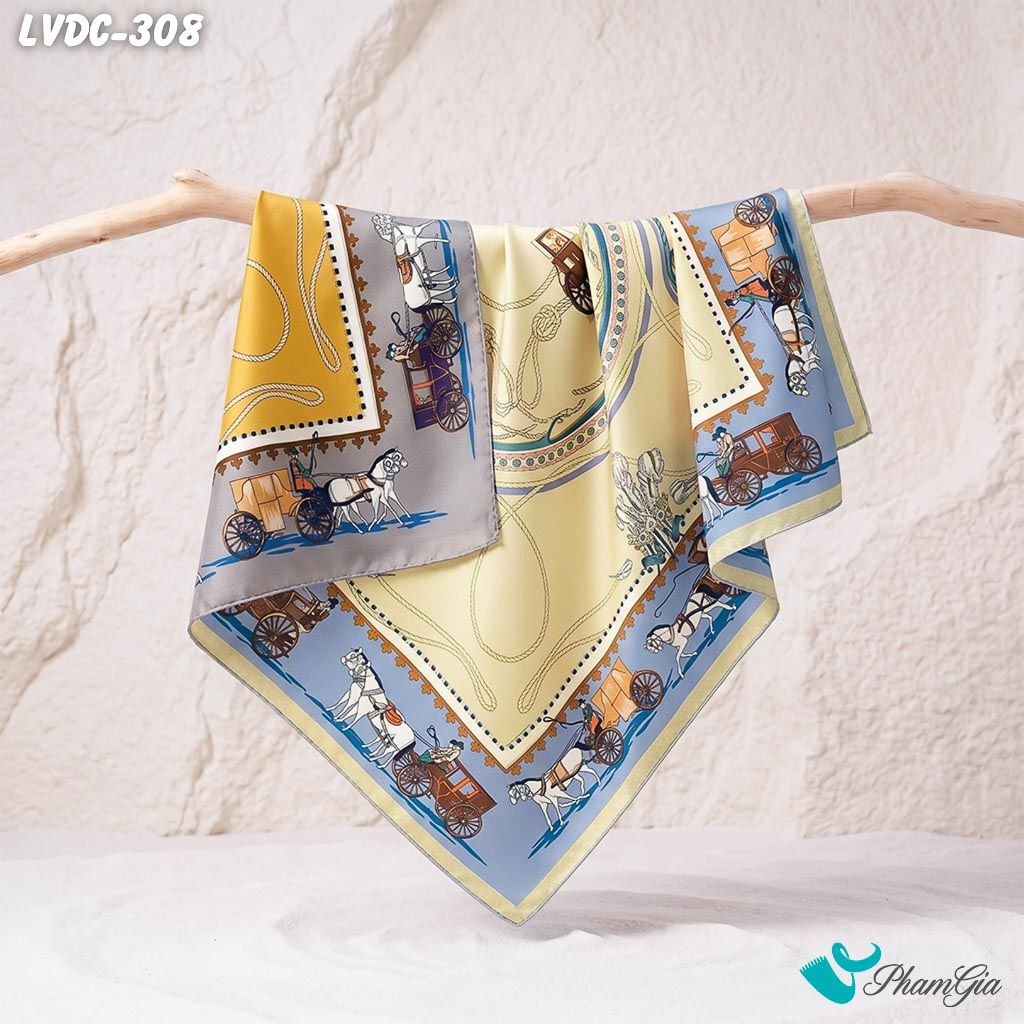 Khăn Lụa Vuông Đường Châu 88*88Cm 2 Mặt Cao Cấp Họa Tiết Cỗ Xe Ngựa Màu Vàng Hoàng Kim Sang Trọng (LVDC308)