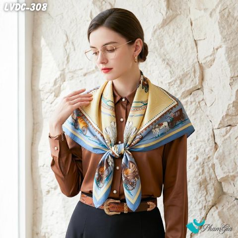 Khăn Lụa Vuông Đường Châu 88*88Cm 2 Mặt Cao Cấp Họa Tiết Cỗ Xe Ngựa Màu Vàng Hoàng Kim Sang Trọng (LVDC308)