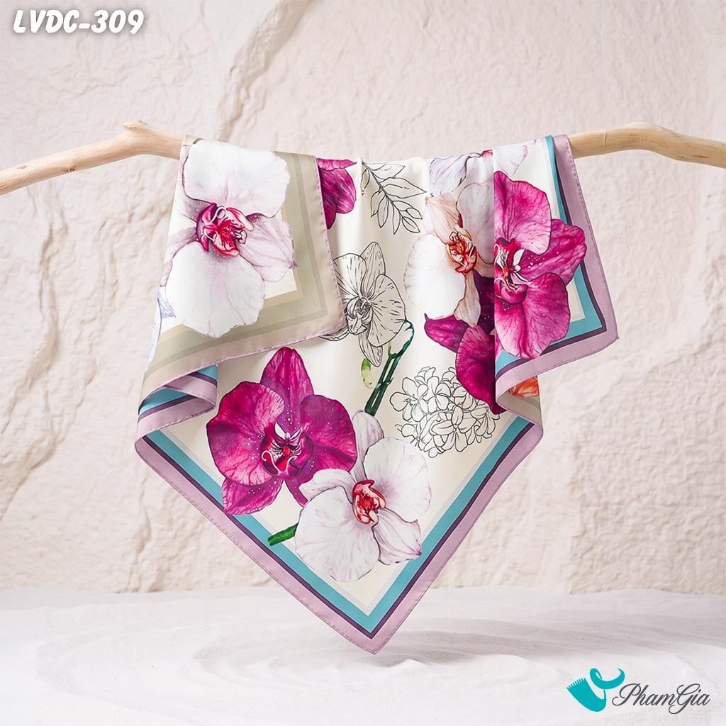 Khăn Lụa Vuông Đường Châu 88*88Cm 2 Mặt Cao Cấp Họa Tiết Hoa Lan Hồ Điệp Màu Tím Thạch Anh Kiêu Sa (LVDC309)