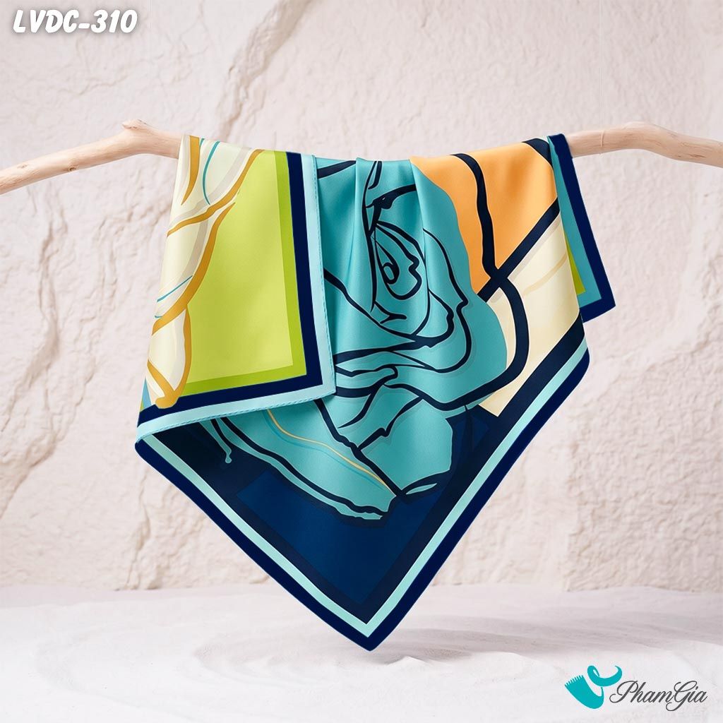 Khăn Lụa Vuông Đường Châu 88*88Cm 2 Mặt Cao Cấp Họa Tiết Hoa Hồng Đại Đóa Màu Xanh Cổ Vịt Trang Nhã (LVDC310)