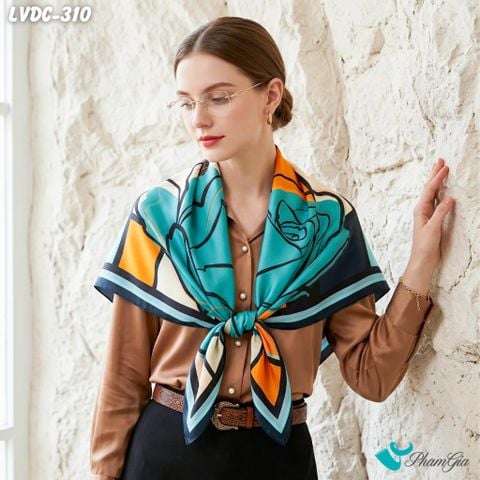 Khăn Lụa Vuông Đường Châu 88*88Cm 2 Mặt Cao Cấp Họa Tiết Hoa Hồng Đại Đóa Màu Xanh Cổ Vịt Trang Nhã (LVDC310)
