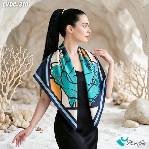 Khăn Lụa Vuông Đường Châu 88*88Cm 2 Mặt Cao Cấp Họa Tiết Hoa Hồng Đại Đóa Màu Xanh Cổ Vịt Trang Nhã (LVDC310)