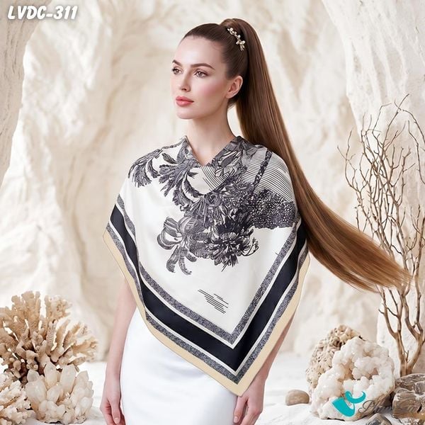 Khăn Lụa Vuông Đường Châu 88*88Cm 2 Mặt Cao Cấp Họa Tiết Rừng Cọ Nhiệt Đới Màu Đen Phối Xanh Navy Thanh Lịch (LVDC311)