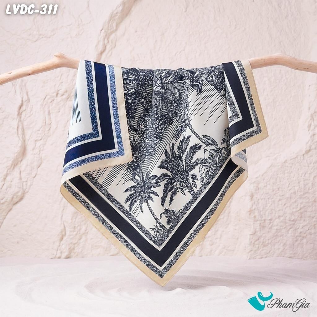 Khăn Lụa Vuông Đường Châu 88*88Cm 2 Mặt Cao Cấp Họa Tiết Rừng Cọ Nhiệt Đới Màu Đen Phối Xanh Navy Thanh Lịch (LVDC311)
