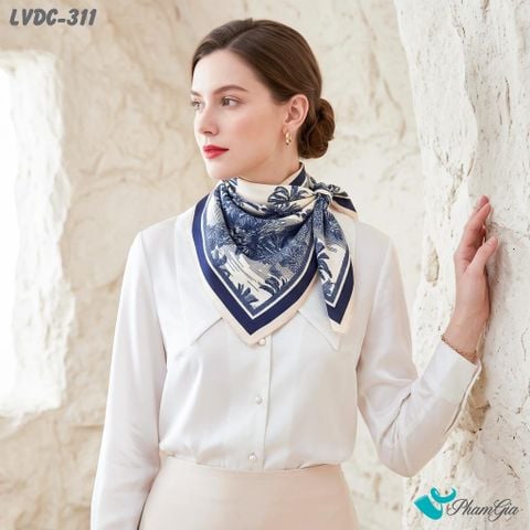 Khăn Lụa Vuông Đường Châu 88*88Cm 2 Mặt Cao Cấp Họa Tiết Rừng Cọ Nhiệt Đới Màu Đen Phối Xanh Navy Thanh Lịch (LVDC311)