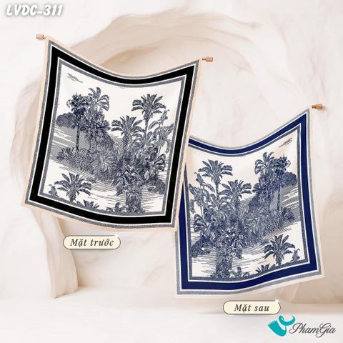 Khăn Lụa Vuông Đường Châu 88*88Cm 2 Mặt Cao Cấp Họa Tiết Rừng Cọ Nhiệt Đới Màu Đen Phối Xanh Navy Thanh Lịch (LVDC311)
