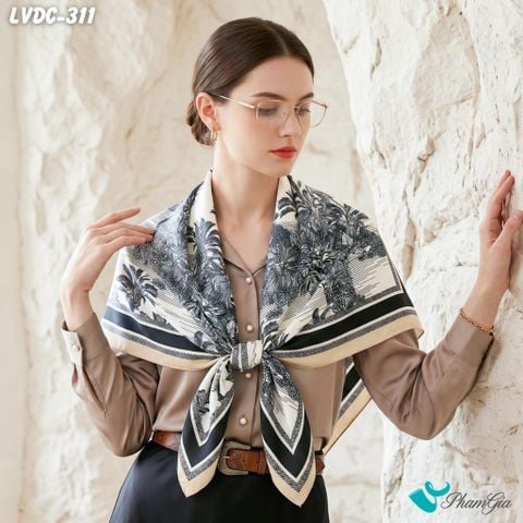 Khăn Lụa Vuông Đường Châu 88*88Cm 2 Mặt Cao Cấp Họa Tiết Rừng Cọ Nhiệt Đới Màu Đen Phối Xanh Navy Thanh Lịch (LVDC311)