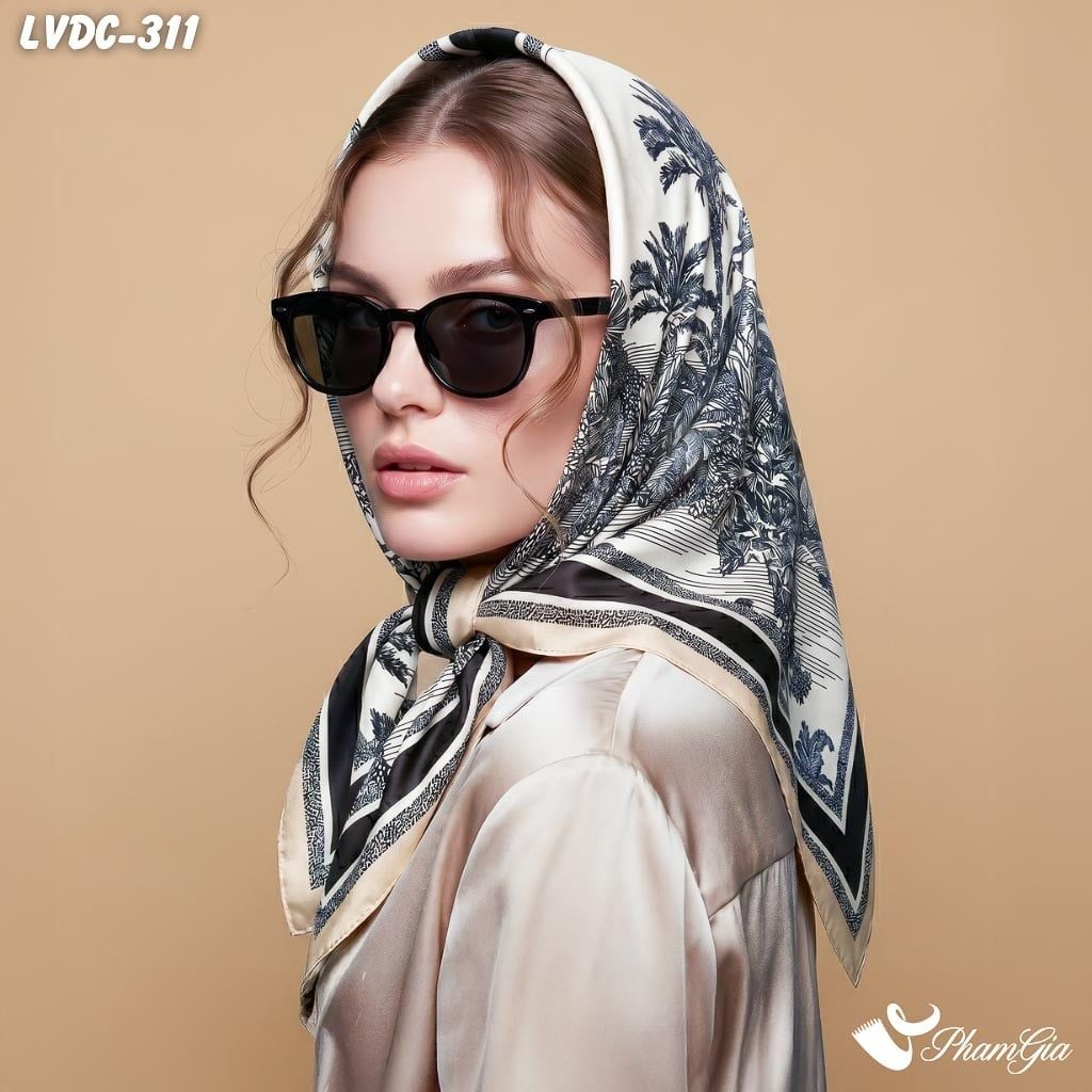 Khăn Lụa Vuông Đường Châu 88*88Cm 2 Mặt Cao Cấp Họa Tiết Rừng Cọ Nhiệt Đới Màu Đen Phối Xanh Navy Thanh Lịch (LVDC311)