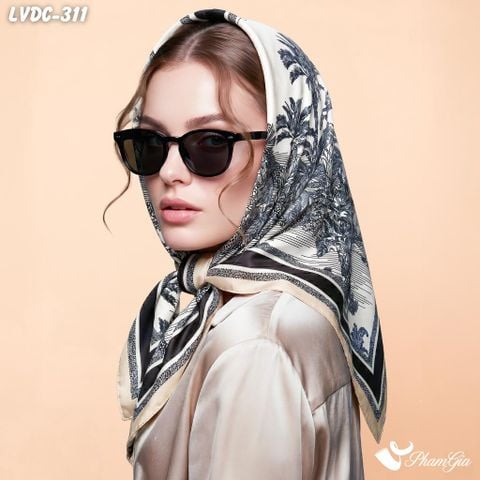 Khăn Lụa Vuông Đường Châu 88*88Cm 2 Mặt Cao Cấp Họa Tiết Rừng Cọ Nhiệt Đới Màu Đen Phối Xanh Navy Thanh Lịch (LVDC311)