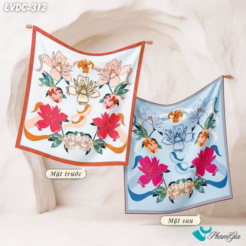 Khăn Lụa Vuông Đường Châu 88*88Cm 2 Mặt Cao Cấp Họa Tiết Hoa Bách Hợp Màu Xanh Ngọc Quý Phái (LVDC312)