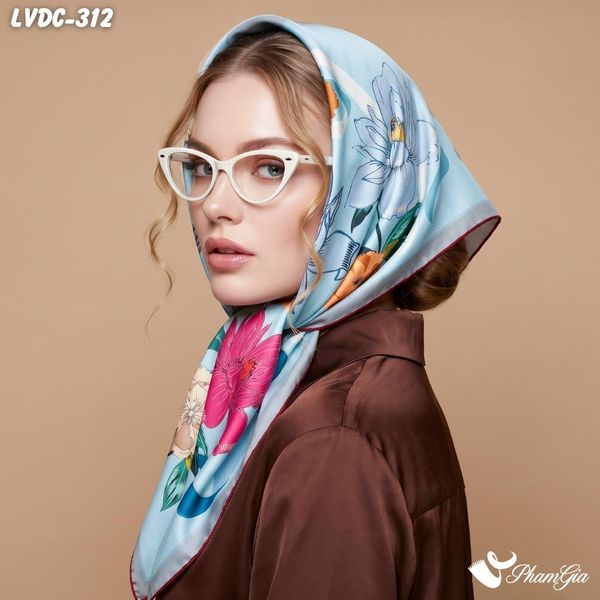Khăn Lụa Vuông Đường Châu 88*88Cm 2 Mặt Cao Cấp Họa Tiết Hoa Bách Hợp Màu Xanh Ngọc Quý Phái (LVDC312)