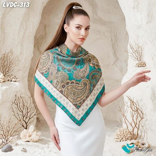 Khăn Lụa Vuông Đường Châu 88*88Cm 2 Mặt Cao Cấp Họa Tiết Paisley Cổ Điển Màu Xanh Khổng Tước Quý Phái (LVDC313)