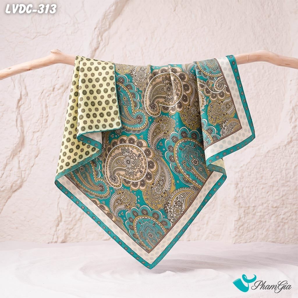 Khăn Lụa Vuông Đường Châu 88*88Cm 2 Mặt Cao Cấp Họa Tiết Paisley Cổ Điển Màu Xanh Khổng Tước Quý Phái (LVDC313)