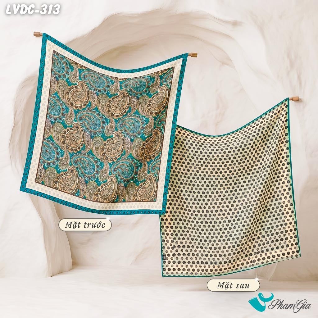 Khăn Lụa Vuông Đường Châu 88*88Cm 2 Mặt Cao Cấp Họa Tiết Paisley Cổ Điển Màu Xanh Khổng Tước Quý Phái (LVDC313)