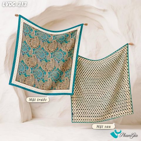 Khăn Lụa Vuông Đường Châu 88*88Cm 2 Mặt Cao Cấp Họa Tiết Paisley Cổ Điển Màu Xanh Khổng Tước Quý Phái (LVDC313)