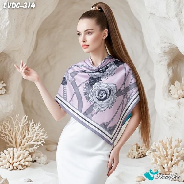 Khăn Lụa Vuông Đường Châu 88*88Cm 2 Mặt Cao Cấp Họa Tiết Hoa Hồng Heritage Màu Tím Lilac Thanh Lịch (LVDC314)