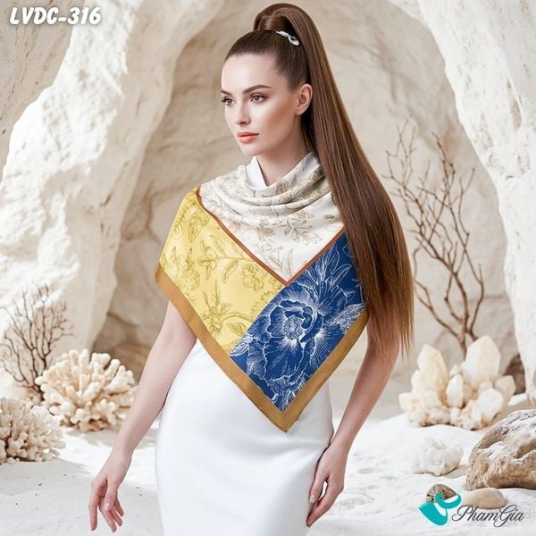 Khăn Lụa Vuông Đường Châu 88*88Cm 2 Mặt Cao Cấp Họa Tiết Bách Hoa Nghệ Thuật Màu Xanh Sapphire Quý Phái (LVDC316)