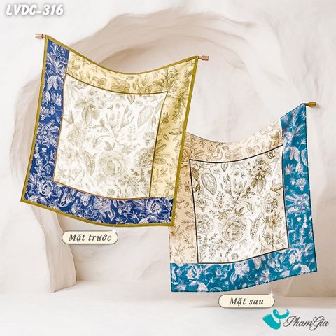 Khăn Lụa Vuông Đường Châu 88*88Cm 2 Mặt Cao Cấp Họa Tiết Bách Hoa Nghệ Thuật Màu Xanh Sapphire Quý Phái (LVDC316)