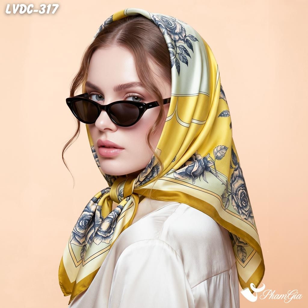 Khăn Lụa Vuông Đường Châu 88*88cm 2 Mặt Cao Cấp Họa Tiết Hoa Hồng Màu Vàng Chanh Thanh Lịch (LVDC317)