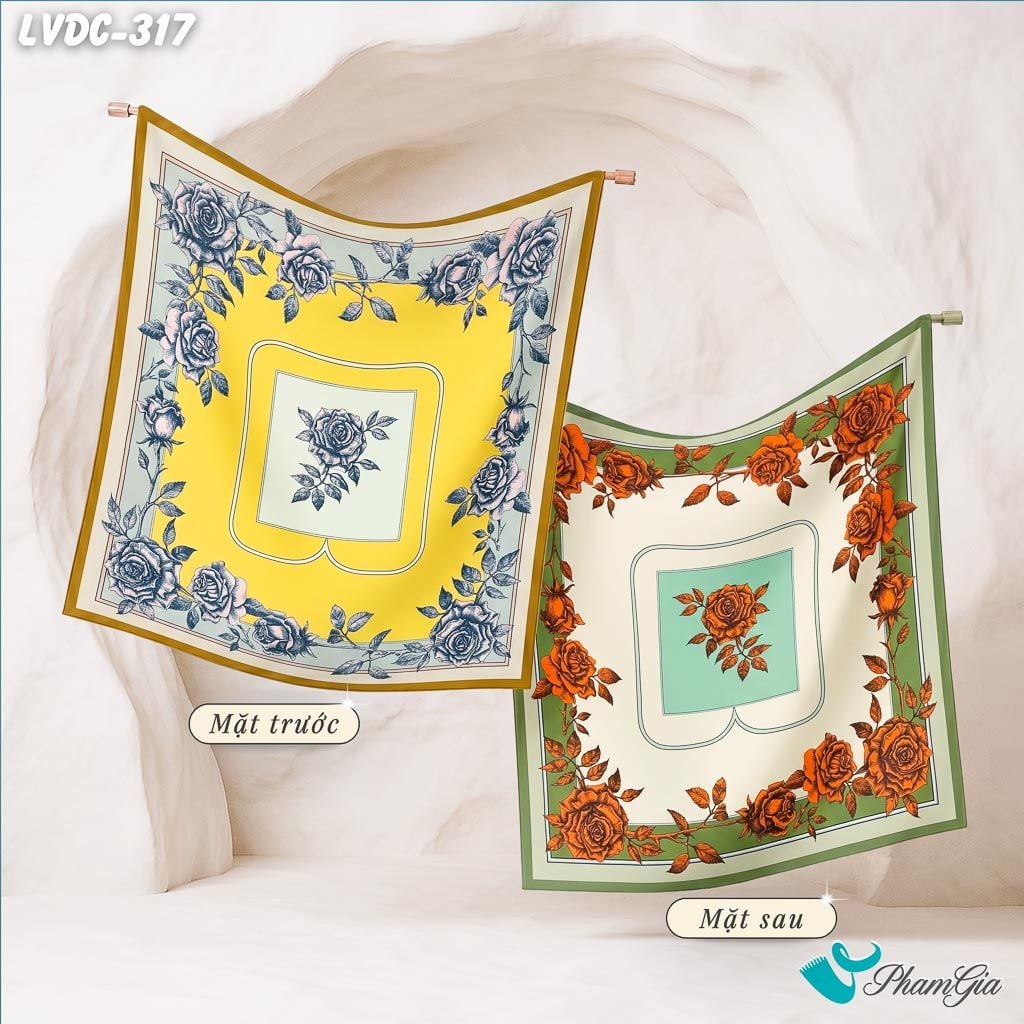 Khăn Lụa Vuông Đường Châu 88*88cm 2 Mặt Cao Cấp Họa Tiết Hoa Hồng Màu Vàng Chanh Thanh Lịch (LVDC317)
