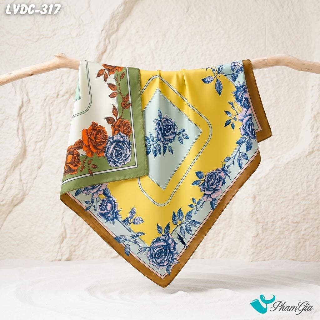 Khăn Lụa Vuông Đường Châu 88*88cm 2 Mặt Cao Cấp Họa Tiết Hoa Hồng Màu Vàng Chanh Thanh Lịch (LVDC317)