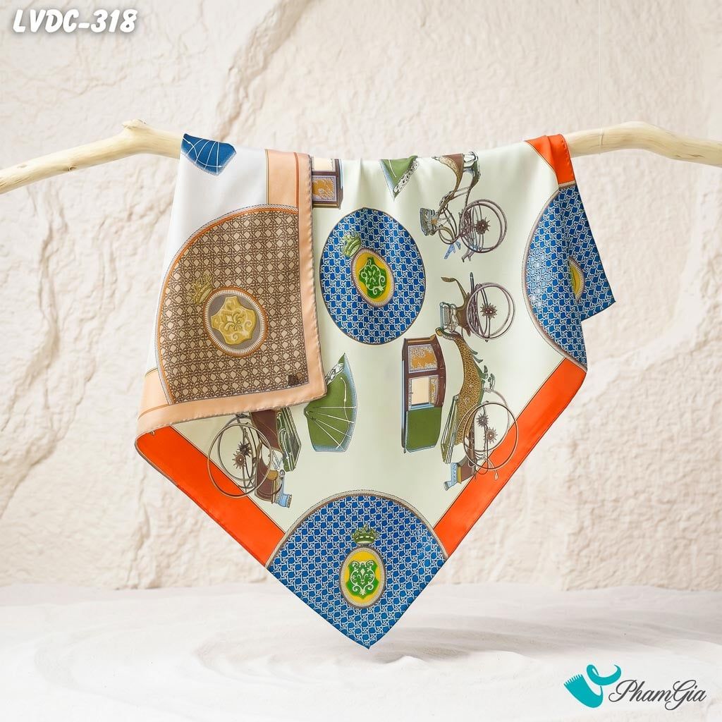 Khăn Lụa Vuông Đường Châu 88*88cm 2 Mặt Cao Cấp Họa Tiết Xe Ngựa Retro Phối Màu Xanh - Đỏ Hiện Đại (LVDC318)