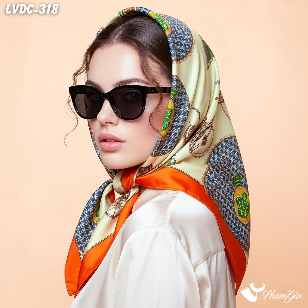Khăn Lụa Vuông Đường Châu 88*88cm 2 Mặt Cao Cấp Họa Tiết Xe Ngựa Retro Phối Màu Xanh - Đỏ Hiện Đại (LVDC318)