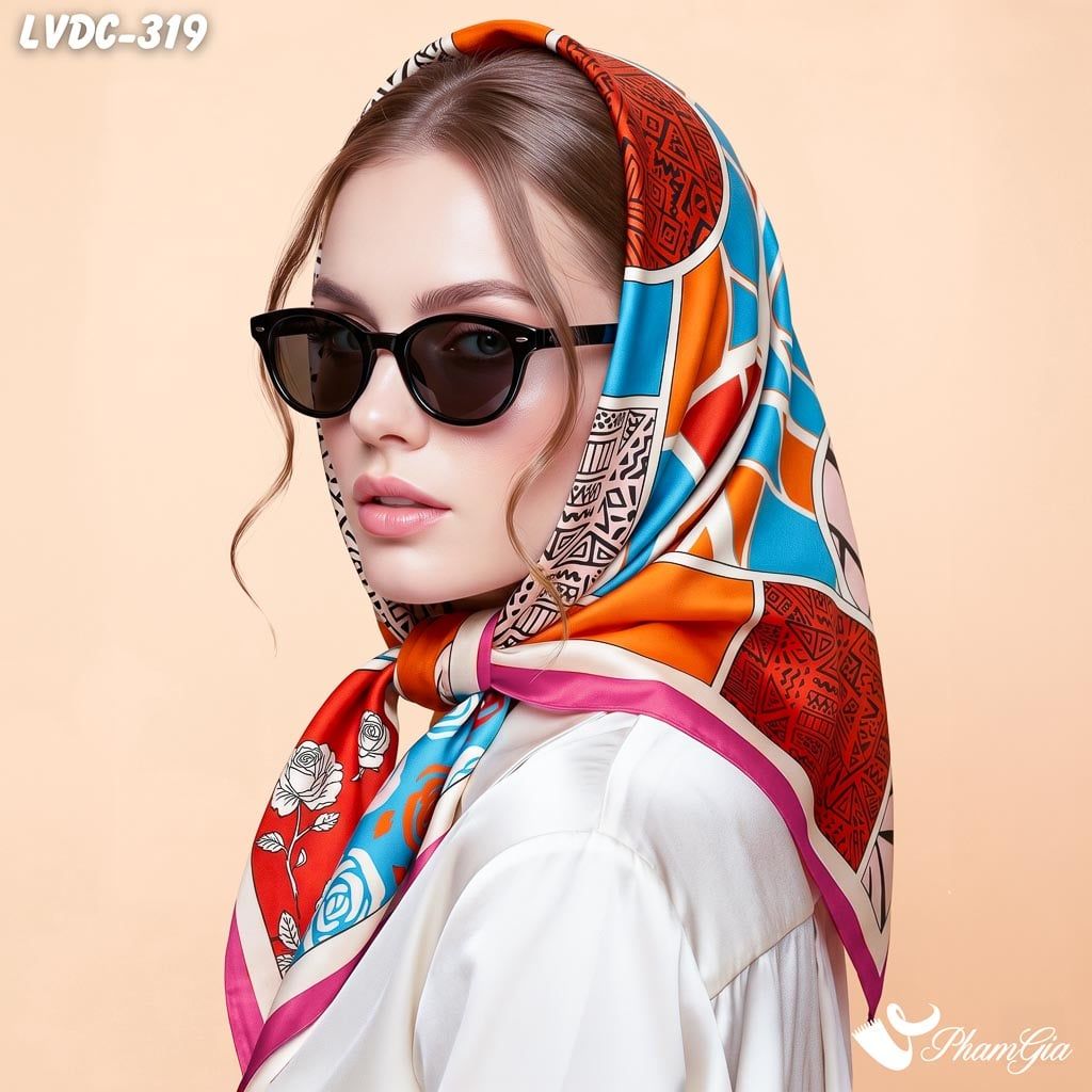 Khăn Lụa Vuông Đường Châu 88*88cm 2 Mặt Cao Cấp Họa Tiết Hình Học Phối Màu Đa Sắc Hiện Đại (LVDC319)