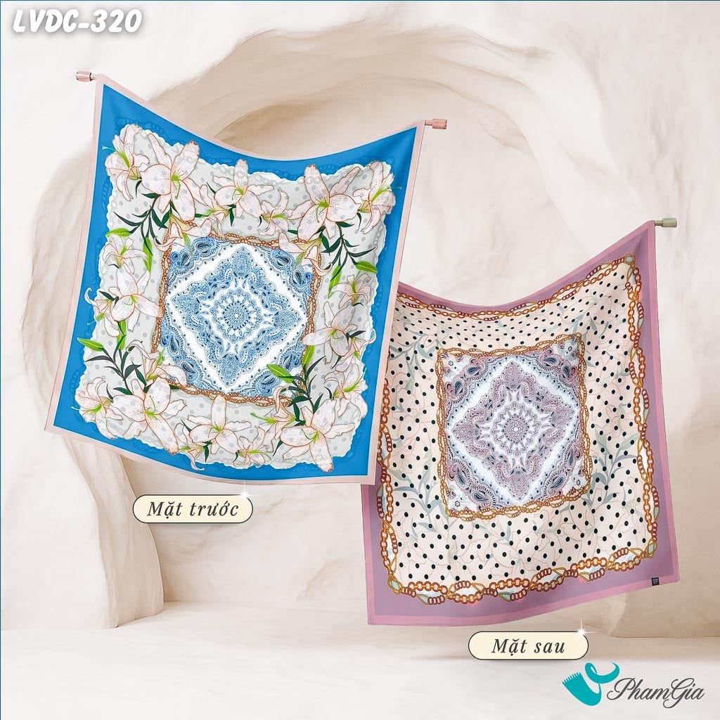 Khăn Lụa Vuông Đường Châu 88*88cm 2 Mặt Cao Cấp Họa Tiết Medallion Và Hoa Ly Màu Xanh Quý Phái (LVDC320)