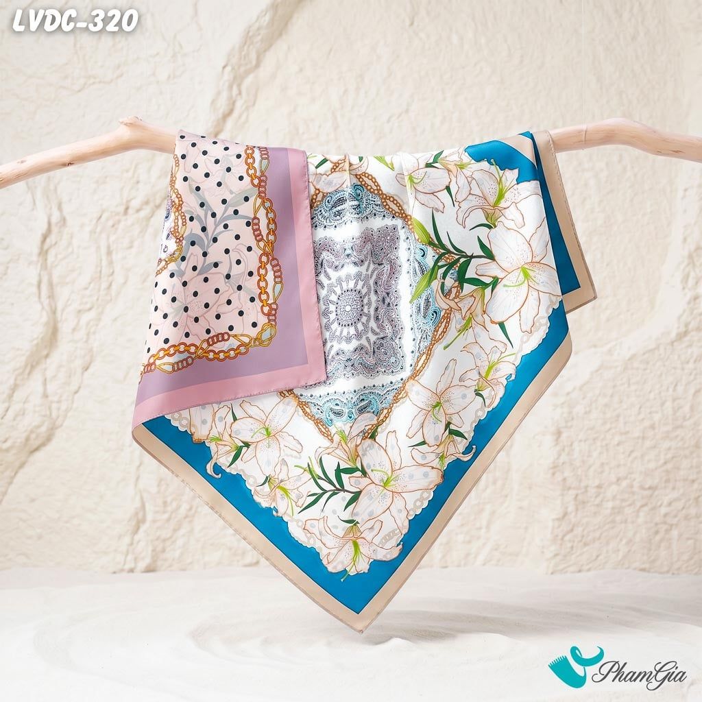 Khăn Lụa Vuông Đường Châu 88*88cm 2 Mặt Cao Cấp Họa Tiết Medallion Và Hoa Ly Màu Xanh Quý Phái (LVDC320)