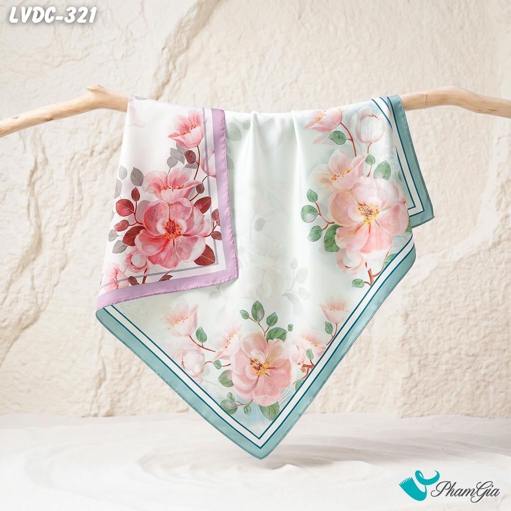 Khăn Lụa Vuông Đường Châu 88*88cm 2 Mặt Cao Cấp Họa Tiết Hoa Trà 3D Màu Xanh Ngọc Thanh Lịch (LVDC321)