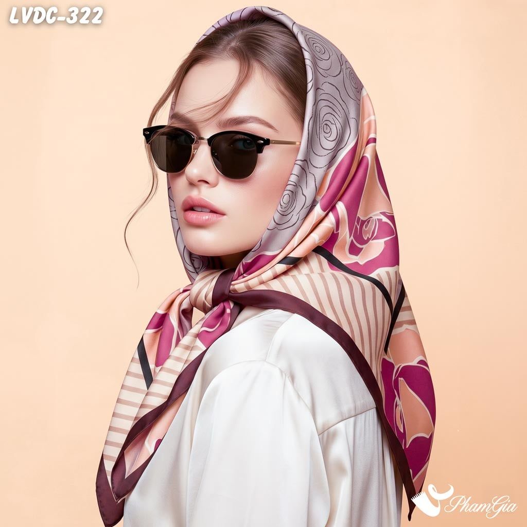 Khăn Lụa Vuông Đường Châu 88*88cm 2 Mặt Cao Cấp Họa Tiết Hoa Hồng Lớn Phối Nền Beige Kẻ Sọc Sang Trọng (LVDC322)