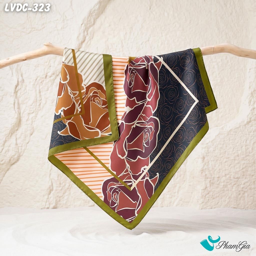 Khăn Lụa Vuông Đường Châu 88*88cm 2 Mặt Cao Cấp Họa Tiết Hoa Hồng Lớn Phối Nền Đen Kẻ Sọc Sang Trọng (LVDC323)