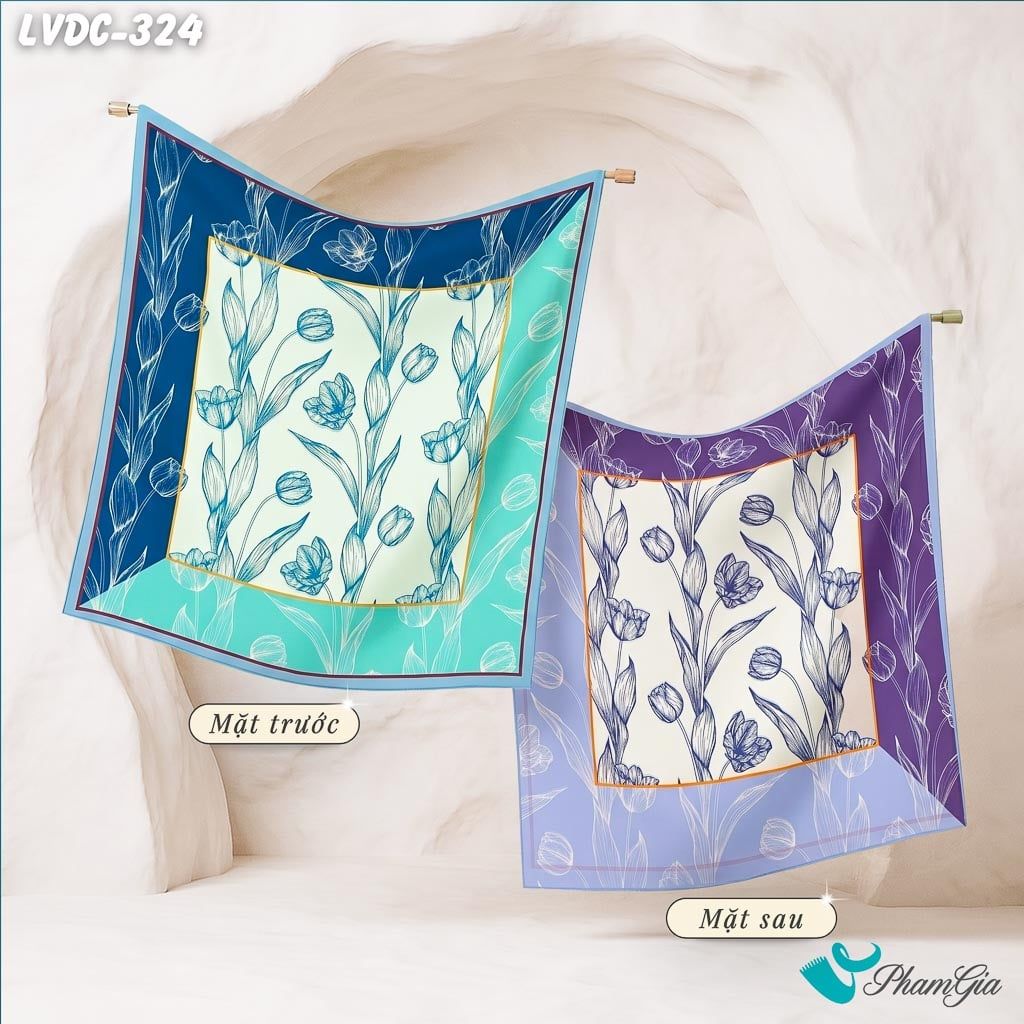 Khăn Lụa Vuông Đường Châu 88*88cm 2 Mặt Cao Cấp Họa Tiết Hoa Tulip Màu Xanh Phối Trắng Thanh Lịch (LVDC324)