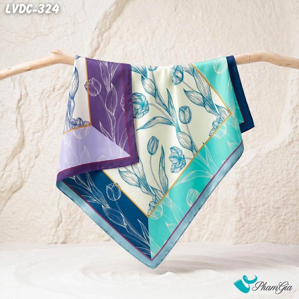 Khăn Lụa Vuông Đường Châu 88*88cm 2 Mặt Cao Cấp Họa Tiết Hoa Tulip Màu Xanh Phối Trắng Thanh Lịch (LVDC324)