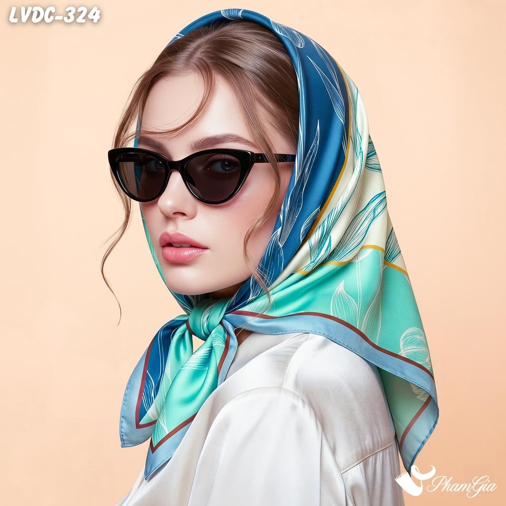 Khăn Lụa Vuông Đường Châu 88*88cm 2 Mặt Cao Cấp Họa Tiết Hoa Tulip Màu Xanh Phối Trắng Thanh Lịch (LVDC324)