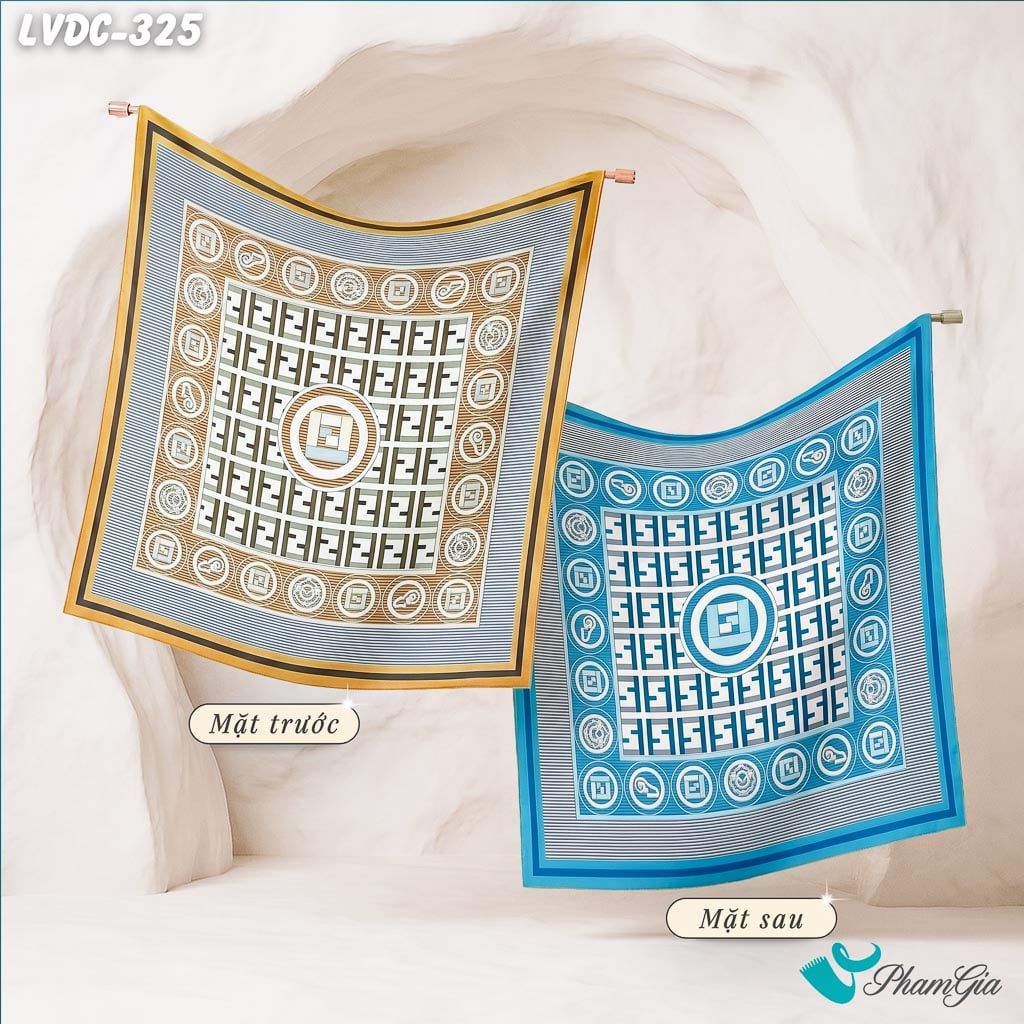 Khăn Lụa Vuông Đường Châu 88*88cm 2 Mặt Cao Cấp Họa Tiết Monogram Màu Nâu Be Thanh Lịch (LVDC325)