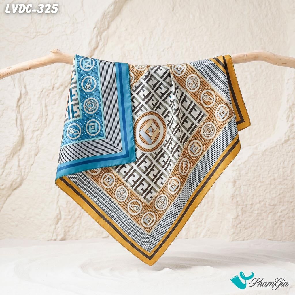 Khăn Lụa Vuông Đường Châu 88*88cm 2 Mặt Cao Cấp Họa Tiết Monogram Màu Nâu Be Thanh Lịch (LVDC325)